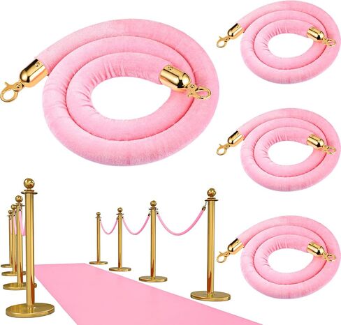 Riakrum 4 Pieces Pink Velvet Stanchion Rope 5 Feet Velvet Ropes with Gold Clasps for Party Hotels Wedding Movie Theaters Grand Openings Crowd Control Barrier Supplies in Kuwait