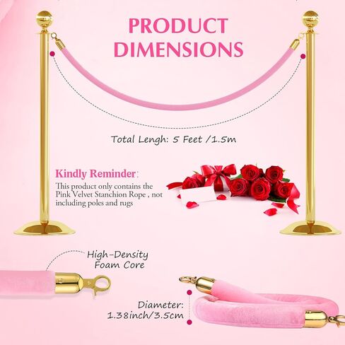 Riakrum 4 Pieces Pink Velvet Stanchion Rope 5 Feet Velvet Ropes with Gold Clasps for Party Hotels Wedding Movie Theaters Grand Openings Crowd Control Barrier Supplies in Kuwait