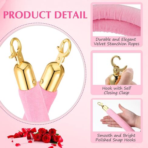 Riakrum 4 Pieces Pink Velvet Stanchion Rope 5 Feet Velvet Ropes with Gold Clasps for Party Hotels Wedding Movie Theaters Grand Openings Crowd Control Barrier Supplies in Kuwait
