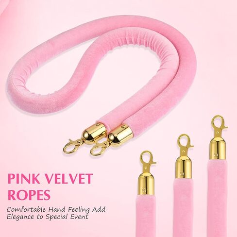 Riakrum 4 Pieces Pink Velvet Stanchion Rope 5 Feet Velvet Ropes with Gold Clasps for Party Hotels Wedding Movie Theaters Grand Openings Crowd Control Barrier Supplies in Kuwait