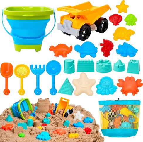 Sloosh Beach Sand Toys Set - Dump Truck Car Toys with Sand Molds for Toddlers Outdoor Play, Collapsible Foldable Buckets Mesh Bag Sand Shovels Castle Animal Mold Sets, Kids Ages Sandbox Toys (Animals) in Saudi Arabia