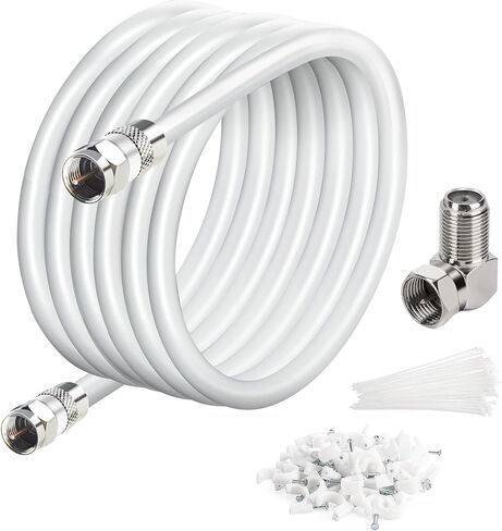 20 Ft RG6 Coaxial Coax Cable Connectors Set, Quad Shielded High-Speed Internet 3 GHZ, Broadband Digital TV Aerial, Soft Satellite Cable Extension Double Rubber O-Ring+ Adapter+Ties+Clips-White in Kuwait