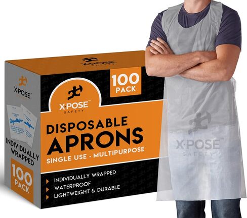 Xpose Safety 100 Blue Plastic Disposable Aprons for Cooking & more Individually Packaged, Durable 1 Mil Waterproof Polyethylene 24" x 48" in Kuwait