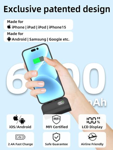 شاحن محمول ببنك طاقة صغير بقدرة 6000 مللي أمبير في الساعة مع إضاءة مدمجة وموصل USB-C لهواتف iPhone وAndroid، شاحن هاتف للسفر متوافق مع سلسلة Samsung iPhone 15/14/13/12/11 (أسود) in Saudi Arabia