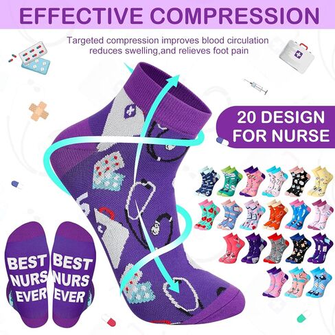 20 Pairs Nurse Compression Socks for Women Circulation 15-20 Mmhg Ankle Compression Socks Novelty Funny Nurse Week Graduation Gifts for Nursing School Medical Assistant Appreciation Gifts in Kuwait