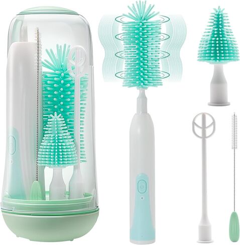 Electric Bottle Brush Cleaner, Rechargable Electric Baby Bottle Brush for Travel, Waterproof Electric Bottle Cleaner Set with Nipple & Straw Brush, Perfect Essentials Gift for Mom After Birth, Green in Saudi Arabia