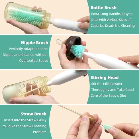 Electric Bottle Brush Cleaner, Rechargable Electric Baby Bottle Brush for Travel, Waterproof Electric Bottle Cleaner Set with Nipple & Straw Brush, Perfect Essentials Gift for Mom After Birth, Green in Saudi Arabia