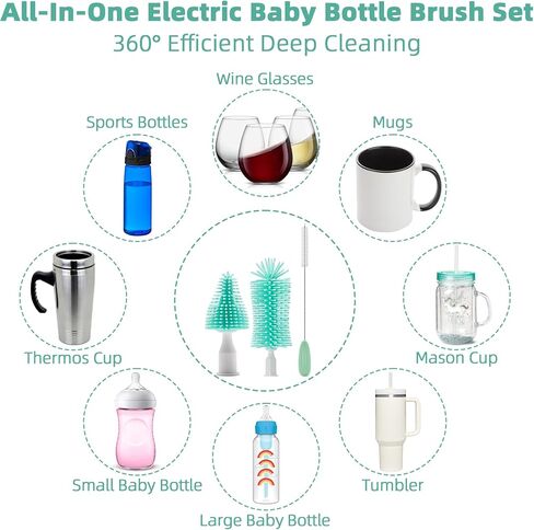 Electric Bottle Brush Cleaner, Rechargable Electric Baby Bottle Brush for Travel, Waterproof Electric Bottle Cleaner Set with Nipple & Straw Brush, Perfect Essentials Gift for Mom After Birth, Green in Saudi Arabia