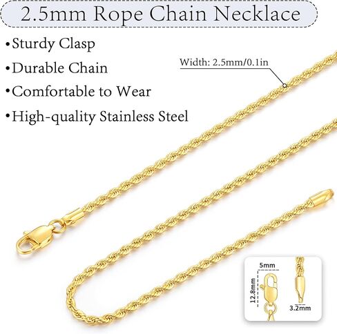 Jewlpire 14K الذهب حبل سلسلة قلادة للرجال النساء الأولاد، 2.5 مم 3 مم 4 مم قطع الماس سلسلة حبل الفولاذ المقاوم للصدأ للرجال قوي ومريح الرجال سلسلة القلائد، 16 18 20 22 24 26 بوصة in Kuwait