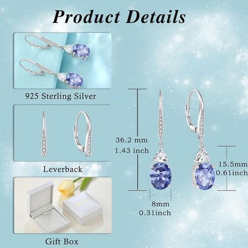 Oval Dangle Drop Earrings for Women 925 Sterling Silver Leverback Earrings Birthstone Jewelry Gifts for Her in Kuwait