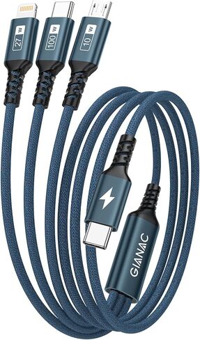 100W USB C Multi Charging Cable [2M] 3 in 1 Charging Cable with E-Mark Chip, USB C [100W]+Lightning[27W]+Micro[10W] for Samsung S23,iPad Pro, iPad Mini, MacBook Pro/Air/iPhone14 13 12 12 in Kuwait