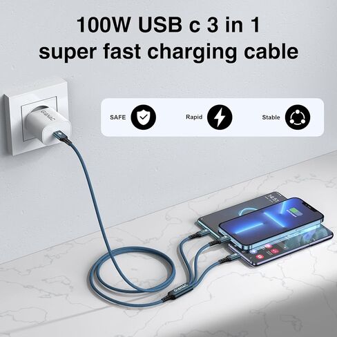 100W USB C Multi Charging Cable [2M] 3 in 1 Charging Cable with E-Mark Chip, USB C [100W]+Lightning[27W]+Micro[10W] for Samsung S23,iPad Pro, iPad Mini, MacBook Pro/Air/iPhone14 13 12 12 in Kuwait