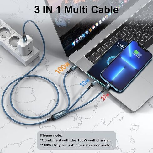 100W USB C Multi Charging Cable [2M] 3 in 1 Charging Cable with E-Mark Chip, USB C [100W]+Lightning[27W]+Micro[10W] for Samsung S23,iPad Pro, iPad Mini, MacBook Pro/Air/iPhone14 13 12 12 in Kuwait