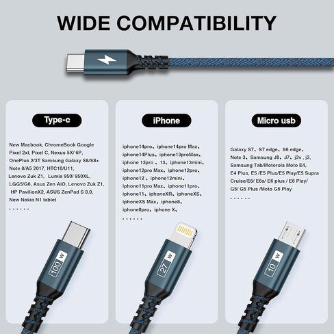 100W USB C Multi Charging Cable [2M] 3 in 1 Charging Cable with E-Mark Chip, USB C [100W]+Lightning[27W]+Micro[10W] for Samsung S23,iPad Pro, iPad Mini, MacBook Pro/Air/iPhone14 13 12 12 in Kuwait
