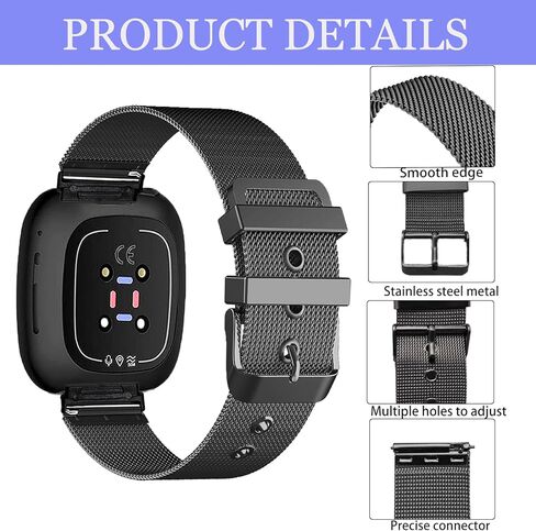 عبوتان من الأربطة المعدنية المتوافقة مع Fit bit Versa 3 /Fit bit Versa 4 /Fit bit Sense 2 /Fit bit Sense Bands للنساء والرجال، حزام بديل معدني قابل للتعديل من الفولاذ المقاوم للصدأ لـ Versa 3/Fit bit Sense in Kuwait