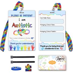 بطاقة علامة سلامة التوحد مع حبل مخصص ، 2 بطاقة اتصال طارئة قابلة للاتصال التوحد للشخص التوحد (ملون) in Kuwait