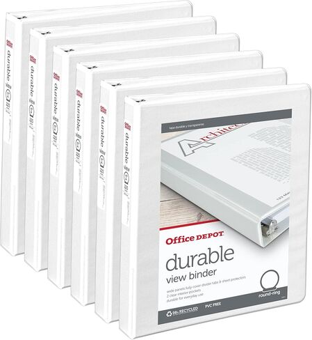 Office Depot® Brand Durable Round-Ring View Binders, 1" Rings, White, Pack of 6 Binders in Saudi Arabia