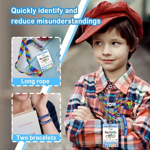 بطاقة علامة سلامة التوحد مع حبل مخصص ، 2 بطاقة اتصال طارئة قابلة للاتصال التوحد للشخص التوحد (ملون) in Kuwait