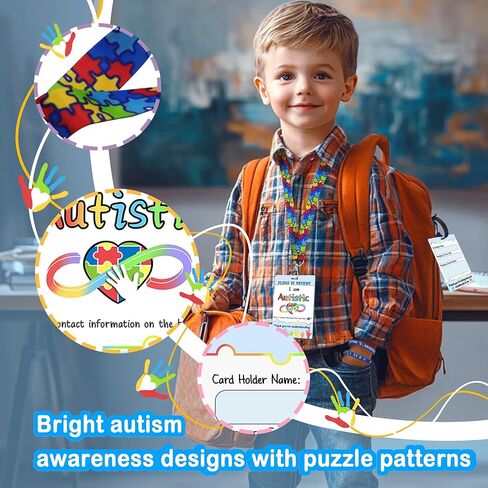 بطاقة علامة سلامة التوحد مع حبل مخصص ، 2 بطاقة اتصال طارئة قابلة للاتصال التوحد للشخص التوحد (ملون) in Kuwait