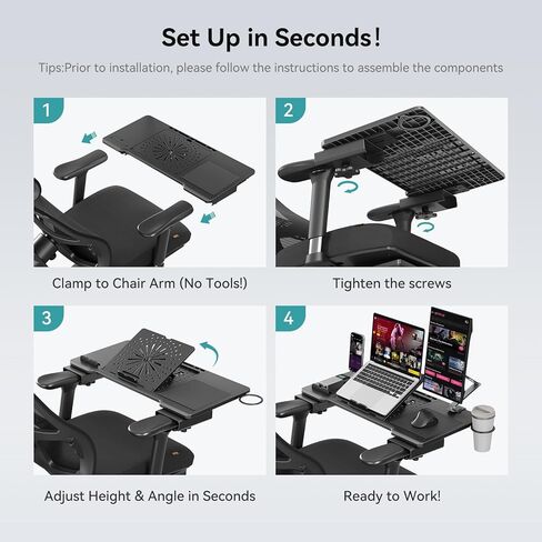 Newtral Adjustable Laptop Desk for Office Chairs - T-Shape Armrest Only, Portable Workstation with Cup Holder & Mouse Pad, Laptop Tray Home Office/Gaming Desk(Verify Chair Fit)​ in Kuwait