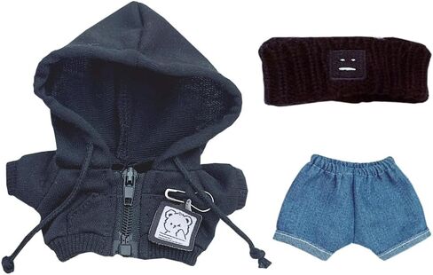 niannyyhouse 10cm-15cm Plush Doll Clothes Headband Coat Jeans Compatible with 17cm Labubu Doll (Black+Blue) in Saudi Arabia