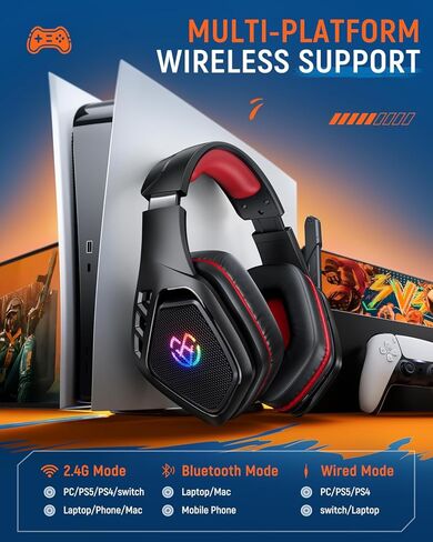 سماعة ألعاب لاسلكية لأجهزة الكمبيوتر، PS5، PS4، 2.4 جيجا هرتز USB ونوع C سماعات رأس للألعاب مع ميكروفون، بطارية 30 ساعة سماعات بلوتوث للتبديل، الكمبيوتر المحمول، الهاتف المحمول، ماك in Kuwait