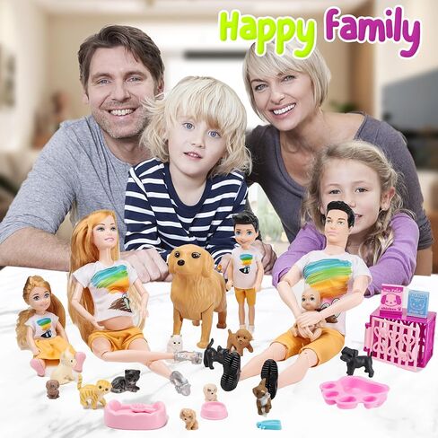 Dolls Set of 6 People with Dollhouse Pets Included Pregnant Mom Dad 3 Kids and Baby Boy in Mommy's Tummy, Doll Playsets and Accessories for 3-12 Years Old in Saudi Arabia