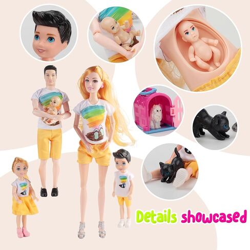 Dolls Set of 6 People with Dollhouse Pets Included Pregnant Mom Dad 3 Kids and Baby Boy in Mommy's Tummy, Doll Playsets and Accessories for 3-12 Years Old in Saudi Arabia