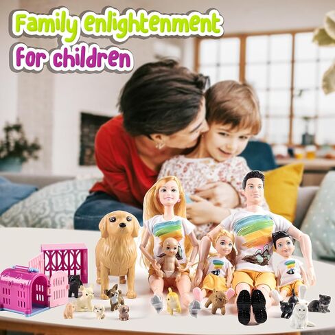 Dolls Set of 6 People with Dollhouse Pets Included Pregnant Mom Dad 3 Kids and Baby Boy in Mommy's Tummy, Doll Playsets and Accessories for 3-12 Years Old in Saudi Arabia