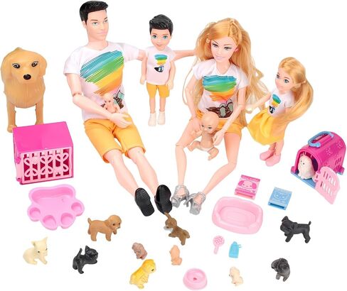Dolls Set of 6 People with Dollhouse Pets Included Pregnant Mom Dad 3 Kids and Baby Boy in Mommy's Tummy, Doll Playsets and Accessories for 3-12 Years Old in Saudi Arabia