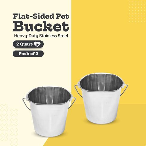 2 Quart Stainless Steel Flat Side Bucket | Fits kennels Cages Critter Crates Hanging Pet Pail | Heavy Duty Food & Water Feeding Pails for Small Birds Dog Cat | Multipurpose use, Pack of 2 in Kuwait