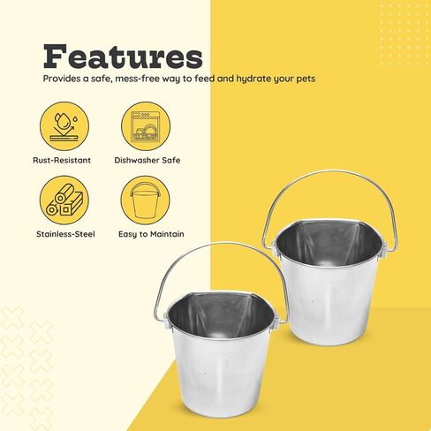 2 Quart Stainless Steel Flat Side Bucket | Fits kennels Cages Critter Crates Hanging Pet Pail | Heavy Duty Food & Water Feeding Pails for Small Birds Dog Cat | Multipurpose use, Pack of 2 in Kuwait
