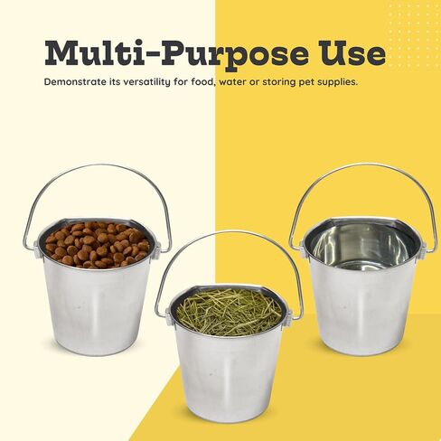 2 Quart Stainless Steel Flat Side Bucket | Fits kennels Cages Critter Crates Hanging Pet Pail | Heavy Duty Food & Water Feeding Pails for Small Birds Dog Cat | Multipurpose use, Pack of 2 in Kuwait