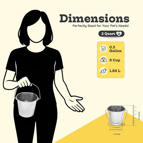 2 Quart Stainless Steel Flat Side Bucket | Fits kennels Cages Critter Crates Hanging Pet Pail | Heavy Duty Food & Water Feeding Pails for Small Birds Dog Cat | Multipurpose use, Pack of 2 in Kuwait