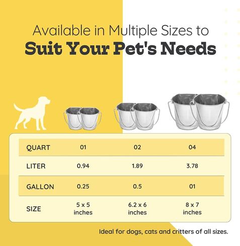 2 Quart Stainless Steel Flat Side Bucket | Fits kennels Cages Critter Crates Hanging Pet Pail | Heavy Duty Food & Water Feeding Pails for Small Birds Dog Cat | Multipurpose use, Pack of 2 in Kuwait