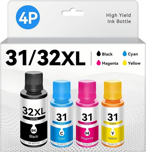 31 زجاجة حبر سايان أرجواني أصفر 32XL أسود حبر متوافق مع HP 31 32XL حبر زجاجة مجموعة عمل ذكي الخزان الذكي 7602 5101 6001 5000 5103 7301 7001 7302 5102 حبر إعادة ملء الخزان الذكي بالإضافة إلى 580 651 طابعة (4 حزمة) in Kuwait