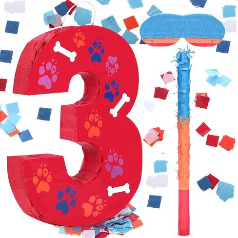 Hiboom 13.7 بوصة الكلب باو Red Piñata 3rd عيد ميلاد الحفل الديكور Piñata مع 9.8 بوصة عصا العصا حلوى رقم 3 4 5 هدايا تحت عنوان عيد الميلاد لطفل بوي فتاة متعة الكلب in Saudi Arabia