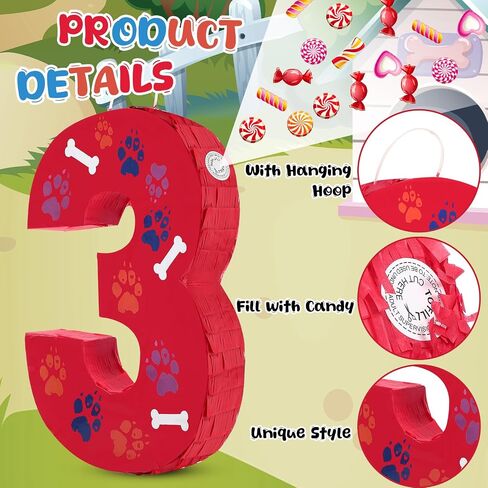 Hiboom 13.7 بوصة الكلب باو Red Piñata 3rd عيد ميلاد الحفل الديكور Piñata مع 9.8 بوصة عصا العصا حلوى رقم 3 4 5 هدايا تحت عنوان عيد الميلاد لطفل بوي فتاة متعة الكلب in Saudi Arabia