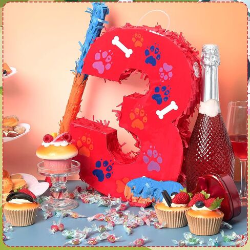 Hiboom 13.7 بوصة الكلب باو Red Piñata 3rd عيد ميلاد الحفل الديكور Piñata مع 9.8 بوصة عصا العصا حلوى رقم 3 4 5 هدايا تحت عنوان عيد الميلاد لطفل بوي فتاة متعة الكلب in Saudi Arabia