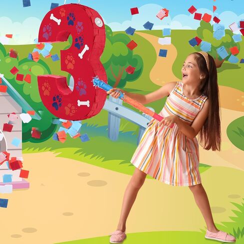 Hiboom 13.7 بوصة الكلب باو Red Piñata 3rd عيد ميلاد الحفل الديكور Piñata مع 9.8 بوصة عصا العصا حلوى رقم 3 4 5 هدايا تحت عنوان عيد الميلاد لطفل بوي فتاة متعة الكلب in Saudi Arabia