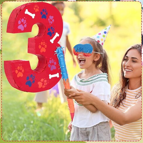 Hiboom 13.7 بوصة الكلب باو Red Piñata 3rd عيد ميلاد الحفل الديكور Piñata مع 9.8 بوصة عصا العصا حلوى رقم 3 4 5 هدايا تحت عنوان عيد الميلاد لطفل بوي فتاة متعة الكلب in Saudi Arabia