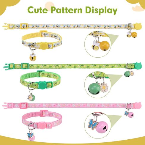 BINGPET Reflective Cat Collar Breakaway with Bells,3 Pack Kitten Collar for Girl Boy Cats with Cute Pendant Glow in The Dark,Adjustable 8''-11.8'',Pink in Saudi Arabia