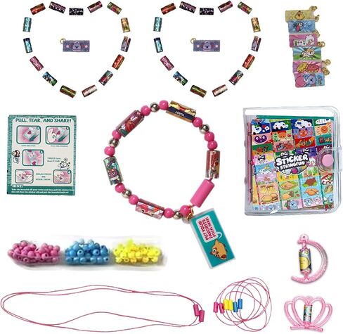 Jreiiolk Sticky Rolls Bracelet Kit - 350 ملصقات مصغرة قابلة لإعادة الاستخدام ، كتاب جامع من 60 صفحة ، 8 ملحقات لفات الملصقات | سوار وقلادة DIY للأطفال الذين تتراوح أعمارهم بين 5-12 in Kuwait
