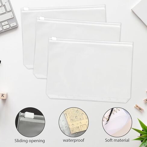 24 قطعة A5 Binder إدراج ، جيوب الموثق A5 ، 6 ثقوب مقاومة للماء PVC Clear Szipper Bolders إدراجات ل 6 حلقة مخطط الملحقات صور بطاقات الفواتير منظم in Kuwait