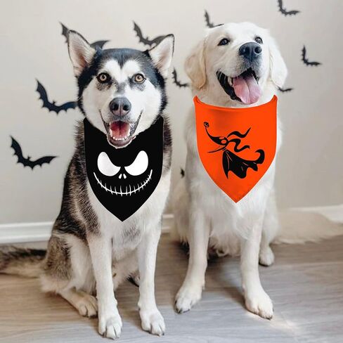 Halloween Dog Bandanas 2 Pack, Zore Dog and Jack Face Print, Nightmare Before Christmas Triangle Fall Pet Scarf, Premium Durable Fabric, Adjustable Fit (Halloween-1, Large) in Saudi Arabia