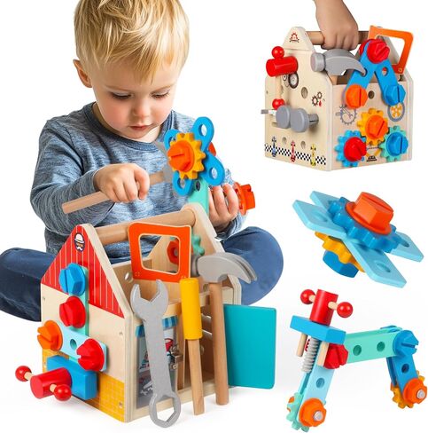 مجموعة أدوات Toddler - 33 PCS Montessori Toddlers Tool Box ، أدوات الأطفال يتظاهرون بأدوات اللعب في سن 2-4 ، ألعاب STEM التعليمية لمدة 3 سنوات ، لعبة البناء الخشبية ، هدية عيد ميلاد الأولاد 2،3،4،5 سنة (محرك إطفاء) (محرك إطفاء) in Kuwait