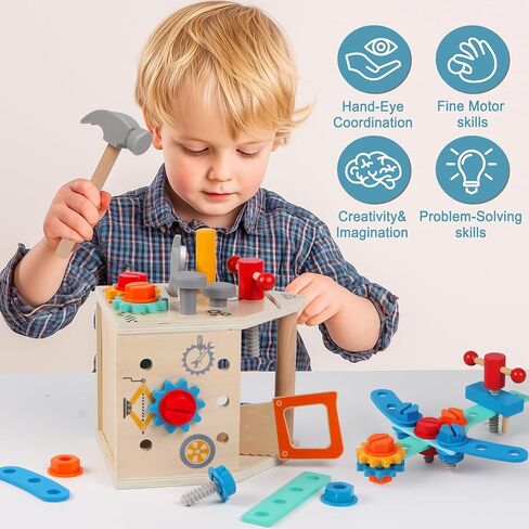مجموعة أدوات Toddler - 33 PCS Montessori Toddlers Tool Box ، أدوات الأطفال يتظاهرون بأدوات اللعب في سن 2-4 ، ألعاب STEM التعليمية لمدة 3 سنوات ، لعبة البناء الخشبية ، هدية عيد ميلاد الأولاد 2،3،4،5 سنة (محرك إطفاء) (محرك إطفاء) in Kuwait