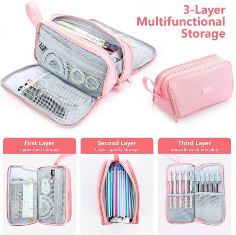 M&G Large Pencil Case, Big Capacity Pencil Pouch with 3-layer Compartment, Portable Handheld Pencil Bag, Cute School Stationery Organizer for Boys Girls Men Women, Ideal for Office School in Saudi Arabia