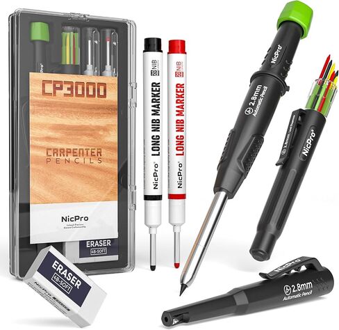Nicpro Carpenter Pencil with Sharpener, CP3000 Construction Pencils with 6 Refills in a Lead Dispenser, Deep Hole Long Nib Marker Pens for Construction, Heavy Duty Carpenter Tools for Woodworking in Kuwait