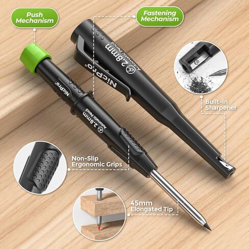 Nicpro Carpenter Pencil with Sharpener, CP3000 Construction Pencils with 6 Refills in a Lead Dispenser, Deep Hole Long Nib Marker Pens for Construction, Heavy Duty Carpenter Tools for Woodworking in Kuwait